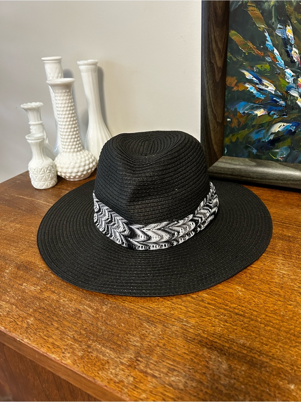 Amiani Black Woven Jute Sun Hat Fedora Chevron Band 3" Wide Brim